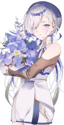 Rule 34 | 1girl, bare shoulders, blue eyes, blue flower, blue hat, blue streaks, bouquet, clothing cutout, corset, dodari, dress, flower, hair over one eye, hat, headset, hebi (vtuber), holding, holding bouquet, indie virtual youtuber, long hair, looking at viewer, multicolored hair, neck ribbon, parted bangs, parted lips, ribbon, see-through clothes, see-through sleeves, shorts, shoulder cutout, simple background, slit pupils, solo, streaked hair, virtual youtuber, white background, white corset, white dress, white hair, white shorts