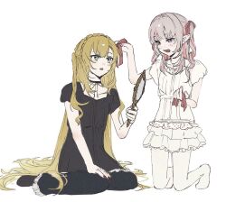 1boy 1girl black_choker black_dress black_nails black_pants blonde_hair braid brown_hair choker colored_inner_hair crossdressing crown_braid dress fang green_eyes hair_ribbon hand_mirror holding holding_mirror holding_ribbon kneeling layered_skirt long_hair looking_at_another makaino_ririmu miniskirt mirror multicolored_hair ni_22 nijisanji no_shoes open_mouth pants pantyhose pink_eyes pink_hair pointy_ears polka_dot polka_dot_skirt red_nails ribbon ringlets short_sleeves simple_background sitting sketch skirt smile trap two-tone_hair two_side_up uzuki_kou virtual_youtuber white_background white_hair white_pantyhose white_skirt
