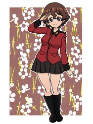 1girl akaboshi_koume alternate_costume black_boots black_skirt boots brown_hair closed_mouth commentary girls_und_panzer jacket knee_boots long_sleeves looking_at_viewer military_uniform miniskirt outline pleated_skirt red_jacket salute short_hair skirt smile solo st._gloriana&#039;s_military_uniform standing takahashi_kurage textless_version wavy_hair white_outline