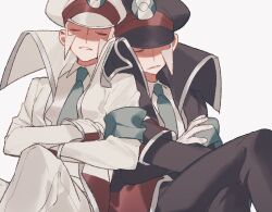 2boys black_coat black_hat black_pants blush brothers ccf2q closed_eyes coat collared_coat collared_shirt crossed_arms emmet_(pokemon) feet_out_of_frame gloves grey_hair hat head_rest high_collar highres ingo_(pokemon) long_sleeves male_focus multiple_boys nintendo one_eye_covered open_clothes open_coat pants parted_lips peaked_cap pokemon pokemon_bw shirt siblings sideburns silver_trim simple_background sitting sleeping sleeve_cuffs teeth twins white_background white_coat white_gloves white_hat white_pants white_shirt wing_collar