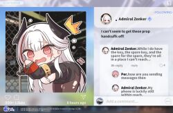 Rule 34 | 2girls, @ @, admiral zenker (azur lane), admiral zenker (fun with...interrogations?) (azur lane), armband, azur lane, bent over, black jacket, black skirt, blurry, blurry background, blush stickers, breasts, chain-link fence, character print, chibi, commentary, cuffs, english commentary, english text, fence, grey hair, hair intakes, handcuffs, highres, jacket, large breasts, long hair, long sleeves, looking at viewer, manjuu (azur lane), motion lines, multicolored hair, multiple girls, nejikirio, no nose, official art, open mouth, pantyhose, pencil skirt, skirt, streaked hair, torn clothes, torn pantyhose, very long hair, yellow armband