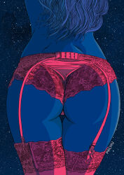 Rule 34 | 1girl, artist name, ass, ass focus, black background, blue hair, blue skin, colored skin, commentary, dimples of venus, from behind, garter belt, garter straps, lace, lace-trimmed panties, lace-trimmed thighhighs, lace trim, long hair, lower body, original, pachu m. torres, panties, red panties, red thighhighs, solo, star (sky), thigh gap, thighhighs, underwear, variant set