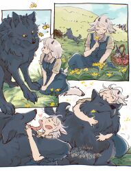 &gt;_&lt; 1girl alcohol basket comic flower grass highres hug licking miiz04 original sheep_girl wine wolf