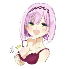 1girl :d bare_shoulders blush bob_cut bra bra_pull breasts cleavage clothes_pull collarbone commentary cropped_torso eyes_visible_through_hair fang frilled_bra frills green_eyes hair_between_eyes happy highres looking_at_viewer medium_breasts mesugaki nipple_slip nipples notice_lines nzuwaiganin open_mouth pink_hair pulling_own_clothes red_bra short_hair simple_background smile solo sound_effects speech_bubble straight_hair strap_slip tanikaze_amane tenshi_souzou_re-boot! tsurime underwear upper_body white_background
