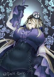 1girl black_bodysuit blonde_hair bloodstained:_ritual_of_the_night bodysuit breasts covered_navel dominique_(bloodstained) from_below glasses large_breasts long_hair looking_at_viewer looking_down purple_shirt rosie_rosie shirt solo white_sleeves