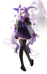 1girl absurdres alternate_costume artist_name bespectacled black-framed_eyewear black_shoes black_skirt black_thighhighs black_vest book bow bowtie castorice_(honkai:_star_rail) character_name commentary ellet_j full_body glasses grey_shirt hair_between_eyes hair_bow highres holding holding_book honkai:_star_rail honkai_(series) long_hair long_sleeves looking_at_viewer parted_lips pleated_skirt pointy_ears purple_bow purple_bowtie purple_eyes purple_hair round_eyewear shirt shoes skirt standing thighhighs very_long_hair vest white_background zettai_ryouiki zoom_layer