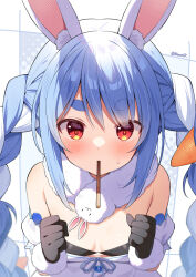 1girl animal_ear_fluff animal_ears bare_shoulders black_gloves black_leotard blue_hair blush braid carrot_hair_ornament commentary_request detached_sleeves don-chan_(usada_pekora) dress food food-themed_hair_ornament food_in_mouth fur-trimmed_gloves fur_trim gloves hair_between_eyes hair_ornament halftone halftone_background hololive leotard long_hair looking_at_viewer mauve mouth_hold multicolored_hair pocky pocky_day puffy_short_sleeves puffy_sleeves rabbit_ears red_eyes short_sleeves solo strapless strapless_dress strapless_leotard sweat twin_braids twintails twitter_username two-tone_hair upper_body usada_pekora usada_pekora_(1st_costume) very_long_hair virtual_youtuber white_dress white_hair white_sleeves