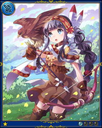 Rule 34 | 1girl, animal on arm, arrow (projectile), artist request, bird, bird on arm, black hair, blue border, blue eyes, blunt bangs, boots, border, bow (weapon), braid, brown boots, brown dress, brown gloves, day, dress, eyelashes, gloves, grass, hawk, holding, holding arrow, holding bow (weapon), holding weapon, jpeg artifacts, long hair, looking ahead, native american, official art, open mouth, outdoors, rookie bird tamer, shingeki no bahamut, sitting, solo, third-party source, weapon