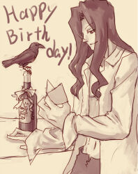 Rule 34 | 1boy, alcohol, bird, black hair, black pants, bottle, collared shirt, crow, english text, hair over one eye, happy birthday, hatayanagi shizuku, long hair, male focus, melty blood, michael roa valdamjong, note, open clothes, open fly, open shirt, pants, shirt, sketch, sleeve cuffs, smile, tsukihime, very long hair, wine, wine bottle