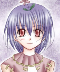 Rule 34 | 1girl, 2000s (style), blush, brown jacket, closed mouth, commentary request, dated commentary, flower, flower on head, jacket, looking at viewer, lowres, merchant (ragnarok online), pink flower, purple background, purple hair, ragnarok online, red eyes, sharari, short hair, smile, solo, upper body