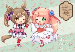 2girls :d animal_ears black_bow black_bowtie blue_background blue_flower blue_gemstone blue_rose bow bowtie breasts brown_hair choker commentary_request commission corset crossover detached_sleeves dress flower frilled_dress frilled_sleeves frills full_body gem green_eyes grey_bow hair_bow hair_flower hair_ornament high_heels horse_ears horse_girl horse_tail kneehighs live_laugh_love long_hair medium_breasts multiple_girls official_alternate_costume one_eye_closed open_mouth pink_bow pink_corset pink_hair pochiko_(poteko) purple_bow ragnarok_online red_bow red_choker red_corset red_shoes red_socks rose shoes skeb_commission sleeveless sleeveless_dress smart_falcon_(umamusume) smile socks standing standing_on_one_leg tail translation_request two_side_up umamusume wanderer_(ragnarok_online) watermark watermark_grid white_dress white_sleeves white_socks wide_sleeves yellow_eyes