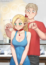 1boy 1girl blonde_hair blue_dress blush breasts collar couple covered_navel dress dungeon_meshi elf from_behind game_console green_eyes highres jewelry koolaidbois laios_touden long_hair marcille_donato playstation_5 pointy_ears red_collar red_shirt shirt yellow_eyes