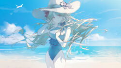 1girl absurdres bare_arms bare_shoulders blue_one-piece_swimsuit closed_mouth ereshkigal_(fate) fate/grand_order fate_(series) green_hair grey_eyes hand_on_own_chest hat highleg highleg_one-piece_swimsuit highres long_hair looking_at_viewer luozhou_pile multicolored_swimsuit ocean official_alternate_costume one-piece_swimsuit parted_bangs sidelocks smile solo space_ereshkigal_(fate) space_ereshkigal_(third_ascension)_(fate) swimsuit upper_body white_hat