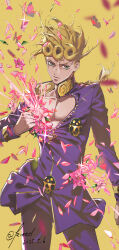 1boy absurdres artist_name bishounen blonde_hair braid braided_ponytail bug butterfly cleavage_cutout clothing_cutout commentary cowboy_shot dated flower giorno_giovanna giorno_giovanna&#039;s_pose_(jojo) green_eyes heart_cutout highres insect jacket jacket_tug jojo_no_kimyou_na_bouken jojo_pose kieed ladybug_ornament looking_at_viewer male_focus pants pectoral_cleavage pectorals pink_flower purple_jacket purple_pants solo vento_aureo yellow_background