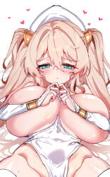 1girl :o aqua_eyes blonde_hair blush bracelet breasts bridal_gauntlets commentary covering_nipples covering_privates english_commentary gold_bracelet gold_ring groin hair_between_eyes hat heart heart-shaped_pupils highleg highleg_leotard highres huge_breasts jewelry leotard long_hair looking_at_viewer original own_hands_together parted_lips rayno ring shiny_skin simple_background solo sweat symbol-shaped_pupils two_side_up very_long_hair very_sweaty white_background white_bridal_gauntlets white_hat white_leotard