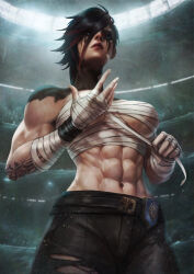 1girl abs absurdres arcane:_league_of_legends arcane_vi arena bandage_on_face bandaged_arm bandaged_chest bandages belt black_hair black_pants blue_eyes breasts ear_piercing hair_dye hand_wraps highres large_breasts league_of_legends midriff monori_rogue muscular muscular_female nose_piercing pants piercing red_hair scar short_hair tattoo torn_clothes torn_pants vi_(league_of_legends) war_paint