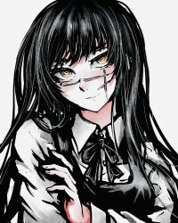 1girl black_dress black_hair chainsaw_man closed_mouth collared_shirt dress facial_scar fourth_east_high_school_uniform highres long_hair pinafore_dress ringed_eyes scar scar_on_cheek scar_on_face scar_on_nose school_uniform shirt simple_background sleeveless sleeveless_dress solo tsukihi_shida white_background white_shirt yellow_eyes yoru_(chainsaw_man)