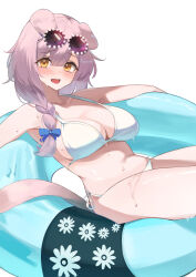 1girl absurdres alternate_costume animal_ears arknights bikini blue_bow blush bow braid breasts cleavage collarbone commentary eyewear_on_head goldenglow_(arknights) hair_between_eyes hair_bow highres innertube large_breasts looking_at_viewer medium_hair open_mouth pink_hair remapack77 round_eyewear simple_background solo swim_ring swimsuit tail wet white_background white_bikini yellow_eyes