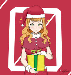 1girl absurdres black_clover breasts christmas earrings hat highres jewelry large_breasts long_hair looking_at_viewer mimosa_vermillion orange_hair santa_hat solo