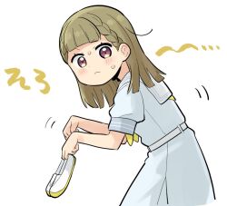 Rule 34 | 1girl, blue dress, blush, braid, brown hair, center-flap bangs, closed mouth, commentary, cowboy shot, dress, frown, hasu no sora school uniform, holding, holding shoes, holding unworn clothes, kachimachi kosuzu, link! like! love live!, looking at viewer, love live!, massigura, motion lines, multicolored eyes, neckerchief, pink eyes, pleated dress, puffy short sleeves, puffy sleeves, sailor collar, sailor dress, school uniform, shoes, short sleeves, side ahoge, side braids, simple background, solo, summer uniform, sweatdrop, translation request, two-tone eyes, unworn shoes, uwabaki, v-shaped eyebrows, virtual youtuber, white background, white sailor collar, yellow eyes, yellow neckerchief, yellow shoes