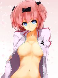 +_+ 10s 1girl blue_eyes bow breasts cleavage female_focus hair_bow hibari_(senran_kagura) jacket large_breasts looking_at_viewer navel open_clothes open_jacket pink_hair rasiem senran_kagura short_hair short_twintails smile solo symbol-shaped_pupils track_jacket twintails