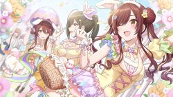 Rule 34 | armlet, basket, brown hair, confetti, detached collar, easter egg, egg, flower, game cg, hair flower, hair ornament, hat, high heels, highres, holding, idolmaster, idolmaster shiny colors, idolmaster shiny colors song for prism, jewelry, kuwayama chiyuki, mini hat, official art, one eye closed, open mouth, orange eyes, osaki amana, osaki tenka, ponytail, profile, rabbit ears, red hair, wrist cuffs