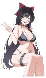 1girl absurdres bare_arms bare_shoulders bikini black_bikini black_choker black_hair blue_eyes bow breasts choker cleavage cropped_legs g_godocbaek hair_bow hair_ornament hairclip halterneck hand_up hashtag-only_commentary heart heart_hair_ornament highres invisible_chair large_breasts long_hair looking_at_viewer multi-strapped_bikini_bottom navel open_mouth shirayuki_hina simple_background sitting smile solo stellive stomach string_bikini swimsuit thigh_strap v very_long_hair virtual_youtuber wet white_background