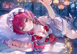 Rule 34 | 1girl, blush, bow, bow earrings, braid, breasts, cleavage, collarbone, commentary request, company name, copyright notice, earrings, fingernails, flower, grin, hair bow, hat, hololive, houshou marine, indoors, jewelry, lamp, large breasts, long hair, looking at viewer, lying, mob cap, nail polish, nightgown, official art, on side, pillow, pink nails, red eyes, red hair, red ribbon, ribbon, rose, samo cha, short sleeves, smile, solo, stuffed animal, stuffed toy, teddy bear, thighs, twin braids, twintails, virtual youtuber, white bow, white hat, white nightgown, window, yellow eyes