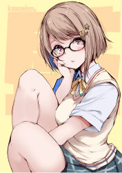 1girl :t bespectacled black-framed_eyewear blue_skirt blush bob_cut brown_hair brown_vest character_name collared_shirt commentary_request crescent crescent_hair_ornament gengoroh glasses glasses_day hair_ornament hairclip head_rest highres knee_up looking_at_viewer love_live! love_live!_nijigasaki_high_school_idol_club miniskirt nakasu_kasumi neck_ribbon nijigasaki_school_uniform plaid_clothes plaid_skirt pleated_skirt red_eyes ribbon school_uniform shirt short_sleeves skirt solo summer_uniform sweater_vest text_background thick_thighs thighs vest white_shirt yellow_background yellow_ribbon