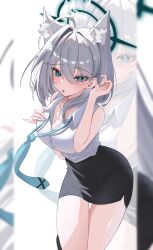 Rule 34 | 1girl, absurdres, ahoge, alternate costume, alternate hair length, alternate hairstyle, animal ear fluff, animal ears, black halo, black skirt, blue archive, blue eyes, breasts, bright pupils, broken halo, cleavage, collared shirt, earrings, extra ears, grey hair, grey necktie, hair between eyes, hair intakes, halo, highres, jewelry, large breasts, looking at viewer, loose necktie, medium hair, mismatched pupils, necktie, office lady, open mouth, pencil skirt, pinky out, shiroko (blue archive), shiroko terror (blue archive), shirt, simple background, skirt, sleeveless, sleeveless shirt, stud earrings, thighs, wgff4824, white background, white pupils, white shirt, wolf ears, wolf girl, zoom layer