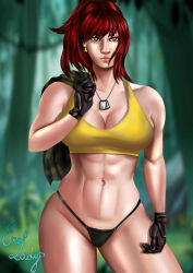 1girl breasts curvy earrings erolady gloves huge_breasts jewelry large_breasts leather leona_heidern looking_at_viewer military nature orochi_leona outdoors pale_skin panties red_eyes red_hair shirt standing tank_top the_king_of_fighters thick_thighs thighs toned toned_female underwear undressing wide_hips yellow_shirt