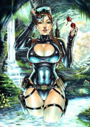 1girl backpack bag bare_legs bare_shoulders belt black_one-piece_swimsuit bodysuit braid breasts brown_eyes brown_hair cave cleavage cleavage_cutout clothing_cutout covered_navel curvy female_focus fingerless_gloves fingernails fred_benes glasses gloves gun handgun harpoon highleg highleg_one-piece_swimsuit highres huge_breasts lara_croft lipstick long_hair looking_at_viewer makeup one-piece_swimsuit parted_lips pistol ponytail shiny_clothes shiny_skin skin_tight solo swimsuit tomb_raider water weapon