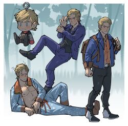 Rule 34 | 1boy, backpack, bag, bare pectorals, black footwear, black vest, blonde hair, blue eyes, blue jacket, blue pants, blue suit, brown bag, character charm, charm (object), closed mouth, commentary, dead by daylight, dress shoes, english commentary, felix richter, forest, formal clothes, full body, glass, hand on own arm, highres, jacket, kalamari, lapels, leg up, lying, male focus, multiple views, nature, navel, notched lapels, on side, open clothes, open jacket, orange shirt, outdoors, pajamas, pants, pectorals, shirt, shirt tucked in, simple background, sleeve cuffs, standing, suit, suit jacket, towel, towel around neck, tree, vest, white background