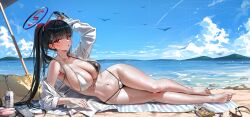 1girl absurdres adjusting_eyewear barefoot beach beach_mat beach_umbrella bikini black_hair blue_archive blue_sky breasts can clip_studio_paint_(medium) commentary drink_can feet highres large_breasts long_hair lying multicolored_bikini navel ocean on_side outdoors ponytail red_eyes rio_(blue_archive) shirt sky solo stomach sunglasses swimsuit toes two-tone_bikini umbrella wet white_shirt yerim