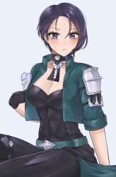 1girl armor artist_name belt black_choker black_gloves black_pants blush breasts choker cleavage closed_mouth collarbone cropped_jacket fire_emblem fire_emblem:_three_houses fire_emblem_heroes gloves green_belt green_jacket grey_background highres jacket looking_at_viewer luci_(purrlucii) nintendo pants purple_eyes purple_hair shamir_nevrand short-sleeved_jacket short_sleeves shoulder_armor signature sitting solo