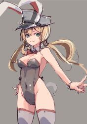 absurdres adapted_costume anchor_hair_ornament animal_ear_hairband animal_ears blonde_hair bow bowtie covered_navel detached_collar fake_animal_ears green_eyes grey_background grey_hat grey_leotard grey_thighhighs hair_ornament hairband hat highleg highleg_leotard highres kantai_collection leotard long_hair low_twintails peaked_cap playboy_bunny prinz_eugen_(kancolle) rabbit_ears rabbit_tail red_bow red_bowtie side-tie_leotard simple_background smile standing strapless strapless_leotard tail thighhighs twintails wrist_cuffs yoto_(rinlin2)