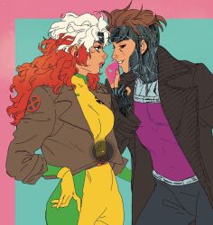 Rule 34 | 1boy, 1girl, aqua background, black gloves, black pants, black sclera, bodysuit, breasts, brown coat, brown hair, brown jacket, card, coat, colored sclera, couple, fingerless gloves, gambit, gloves, green bodysuit, headband, hetero, highres, holding, holding card, jacket, large breasts, leslie hung, long hair, marvel, multicolored hair, pants, parted lips, pink background, purple shirt, red eyes, red hair, rogue (x-men), shirt, short hair, smile, superhero costume, teeth, two-tone background, two-tone bodysuit, two-tone hair, upper body, wavy hair, white hair, x-men, yellow bodysuit, yellow gloves
