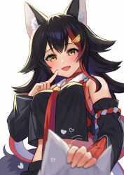 2girls animal_ears black_hair black_shirt black_skirt black_sleeves blush detached_sleeves fox_ears fox_girl hair_ornament hairpin headpat highres hololive long_hair looking_at_viewer multicolored_hair multiple_girls ookami_mio ookami_mio_(1st_costume) open_mouth red_hair shirakami_fubuki shirt skirt smile streaked_hair unkai_amane virtual_youtuber wolf_ears wolf_girl yellow_eyes