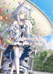 1girl animal_ears arknights balloon bouquet cat_ears cat_girl cat_tail commentary_request commission dress flower green_eyes holding holding_bouquet long_hair looking_at_viewer rosmontis_(arknights) shironekoban skeb_commission smile solo tail thighhighs watermark white_dress