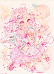 1girl absurdres ahoge amu_(m_aa) apron bandaid_on_thigh bow braid choker commentary cup dated drinking drinking_straw eyelashes food fruit fruit_earrings full_body hair_ornament hairclip heart heart-shaped_pupils heart_ahoge heart_hair_ornament highres holding holding_cup holding_spoon ice_cream ice_cream_float long_hair original painting_(medium) peach peach_slice pink_bow pink_choker pink_eyes pink_hair pink_nails pink_shoes pink_skirt pink_trim plaid_clothes plaid_collar plaid_skirt puffy-trimmed_shirt shoes signature sitting skirt solo sparkle spoon symbol-shaped_pupils thighhighs traditional_media twintails very_long_hair watercolor_(medium) white_apron white_thighhighs