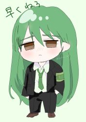 1boy aegyo_sal armband black_coat brown_eyes brown_shoes chibi chibi_only coat collared_shirt exhausted formal_clothes green_armband green_background green_hair green_necktie hair_between_eyes hand_in_pocket highres kyouka_tori lobotomy_corporation long_hair looking_at_viewer necktie netzach_(project_moon) project_moon shirt shoes solo suit upper_body very_long_hair white_shirt