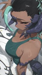1girl black_hair breasts cleavage commission dark-skinned_female dark_skin from_above green_eyes green_hair half-closed_eyes hata4564 highres horns large_breasts looking_to_the_side monster_girl multicolored_hair original skeb_commission solo sweat tail two-tone_hair