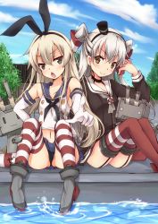 10s 2girls amatsukaze_(kancolle) black_eyes black_legwear blonde_hair blush brown_eyes chestnut_mouth choker cloud day dress elbow_gloves garter_straps gloves hairband kantai_collection long_hair microskirt midriff multiple_girls navel nora-toro outdoors panties pantyshot pointing pointing_at_viewer red_legwear rensouhou-chan rensouhou-kun sailor_dress school_uniform serafuku shimakaze_(kancolle) short_dress silver_hair sitting skirt sky smile striped_clothes striped_legwear striped_thighhighs thighhighs two_side_up underwear water white_gloves zettai_ryouiki