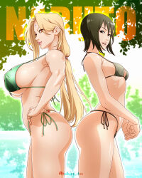 2girls ass back-to-back bikini black_eyes black_hair blonde_hair breasts brown_eyes copyright_name covered_erect_nipples cowboy_shot facial_mark forehead_mark forest from_side green_bikini hair_behind_ear hand_on_own_hip konohagakure_symbol large_breasts long_hair looking_at_viewer looking_to_the_side low_twintails multiple_girls nail_polish naruto naruto_(series) nature no_pupils parted_bangs parted_lips red_nails saburo_des shizune_(naruto) short_hair side-tie_bikini_bottom sideboob sidelocks small_breasts swimsuit thighs tsunade_(naruto) twintails twitter_username underboob water