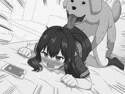 1boy 1girl animal_ears bed bedroom bestiality blush cellphone clothed_sex dog dog_ears doggystyle highres interspecies long_hair looking_at_viewer monochrome on_bed open_mouth phone saliva school_uniform sex sex_from_behind tongue tongue_out top-down_bottom-up