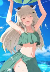 1girl :d absurdres amatsuna_sasaha animal_ears armpits arms_up ball beachball bikini blonde_hair blue_sky blush breasts closed_eyes cloud commentary_request cowboy_shot day frilled_bikini frills green_bikini hair_ornament highres holding holding_ball holding_beachball long_hair nanashi_inc. navel nokino_shida ocean open_mouth outdoors panda_ears panda_girl sky small_breasts smile solo swimsuit virtual_youtuber