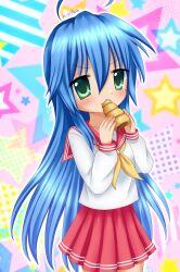 Rule 34 | 1girl, absurdres, ahoge, artist name, blue hair, chocolate cornet, cowboy shot, eating, food, food in mouth, green eyes, highres, holding, holding food, izumi konata, kigidere, long hair, long sleeves, looking at viewer, lucky star, miniskirt, neckerchief, pleated skirt, red sailor collar, red skirt, ryouou school uniform, sailor collar, sailor shirt, school uniform, serafuku, shirt, skirt, solo, standing, star (symbol), very long hair, white shirt, yellow neckerchief
