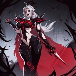 1girl absurdres armor black_eyeshadow bodysuit breastplate breasts cape commentary demon_girl english_commentary evil_rise7 eyeshadow fang hela_(marvel) highres holding holding_weapon horror_(theme) looking_at_viewer makeup marvel marvel_rivals red_eyes skin_tight solo weapon white_hair