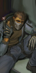 1boy absurdres black_gloves black_jacket black_pants black_shirt blonde_hair call_of_duty call_of_duty:_modern_warfare_2 covered_mouth freesilverwind ghost_(modern_warfare_2) gloves heart highres jacket looking_at_viewer male_focus mask mouth_mask muscular muscular_male open_clothes open_jacket pants shirt short_hair solo