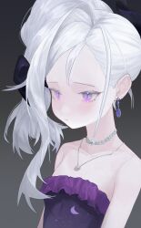 Rule 34 | 1girl, absurdres, blue archive, blush, choker, closed mouth, curtained hair, demon girl, dress, earrings, forehead, highres, hina (blue archive), hina (dress) (blue archive), jewelry, necklace, off-shoulder dress, off shoulder, official alternate costume, official alternate hairstyle, paplife, purple dress, solo, white hair